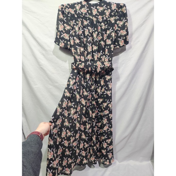 Vtg Leslie Fay Floral Bows Coquette Garden Midi Dress Size 4P SS Belted Pockets - Picture 6 of 8